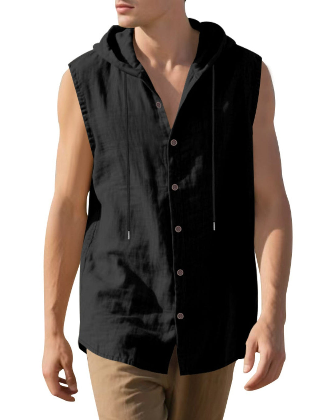 Men's Full Size Casual Sleeveless Hooded Button-Down Top Plus Size