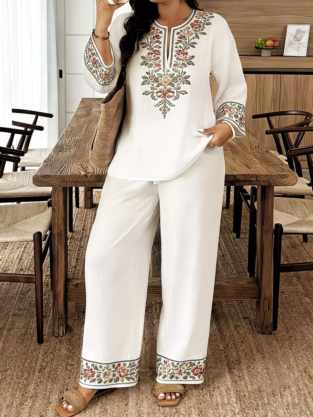 Full Size Embroidered Long Sleeve Top and Pants Set Plus Size