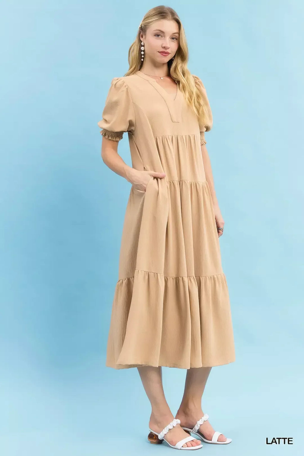 Umgee V-Neck Puff Sleeve Tiered Midi Dress