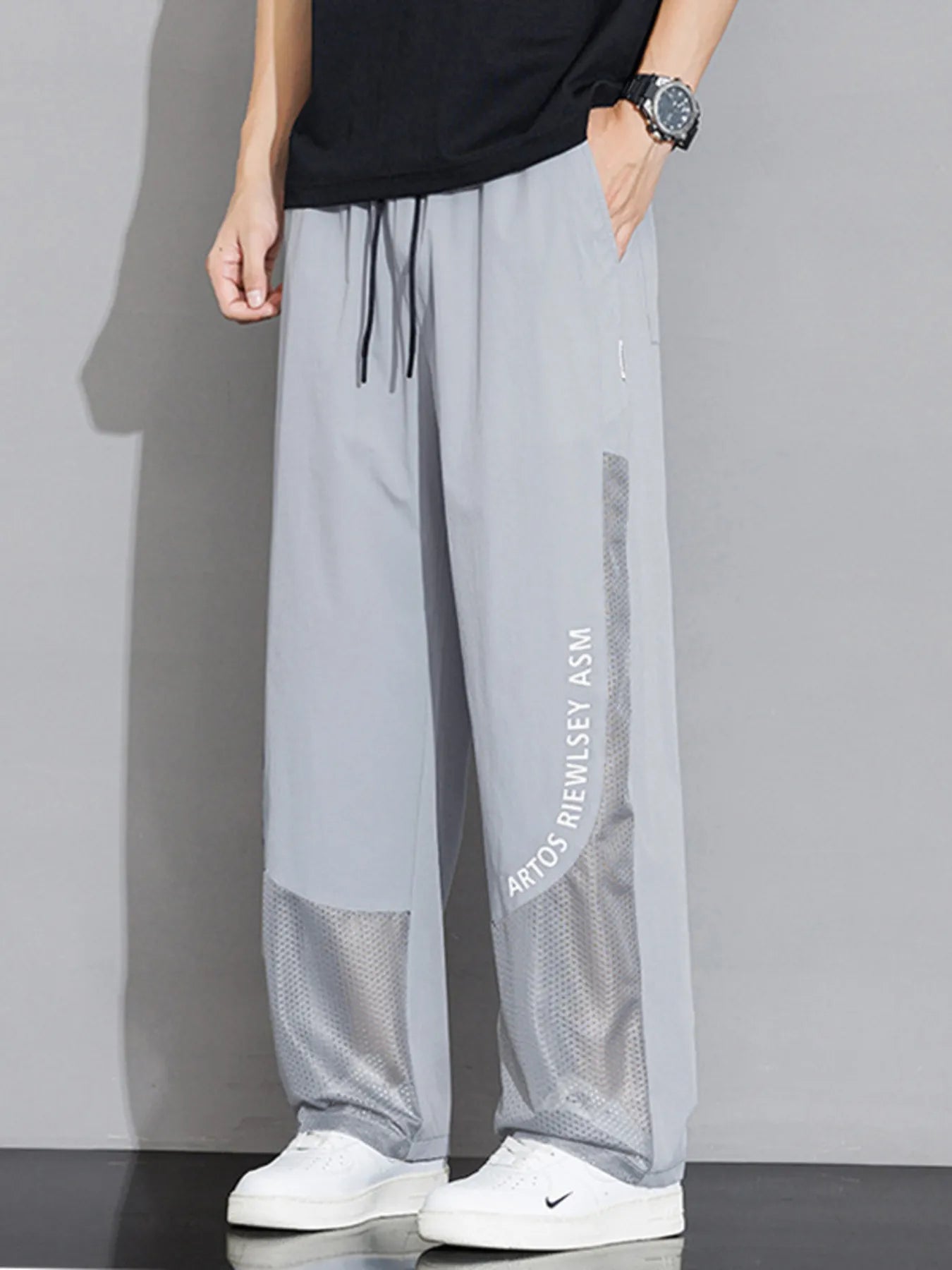 Men's Plus Size Drawstring Wide Leg Mesh Panel Pants