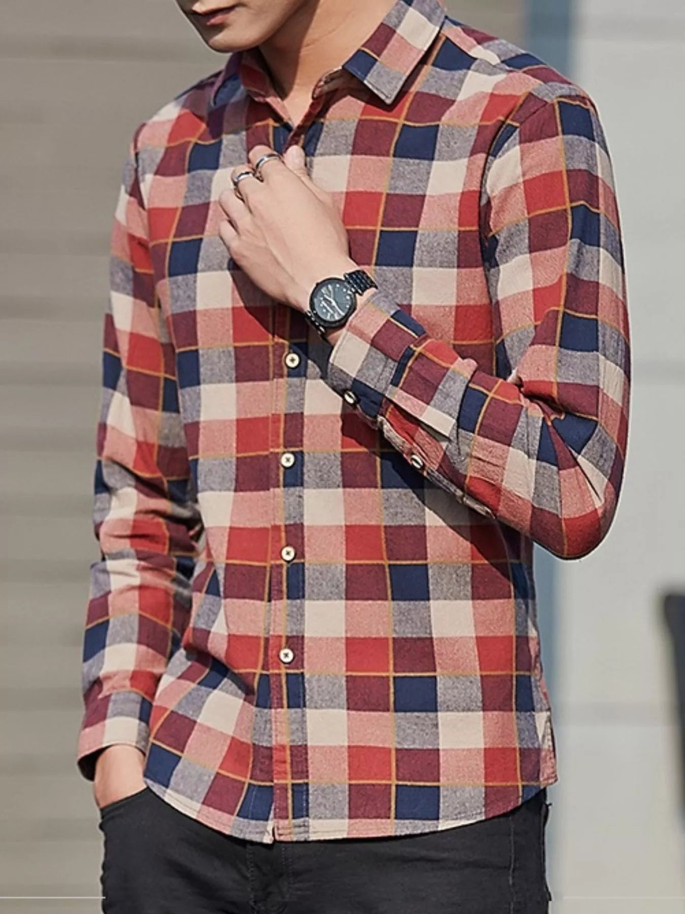 Men's Full Size Casual Plaid Long Sleeve Shirt Plus Size
