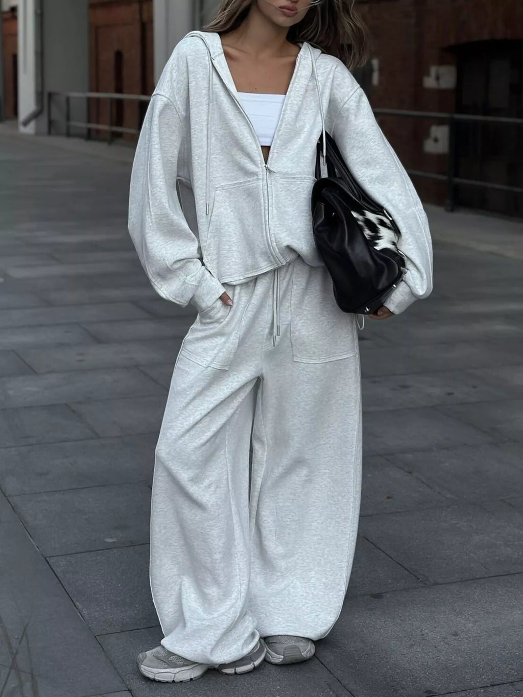 Oversized Zip-Up Hoodie and Wide-Leg Pants Set