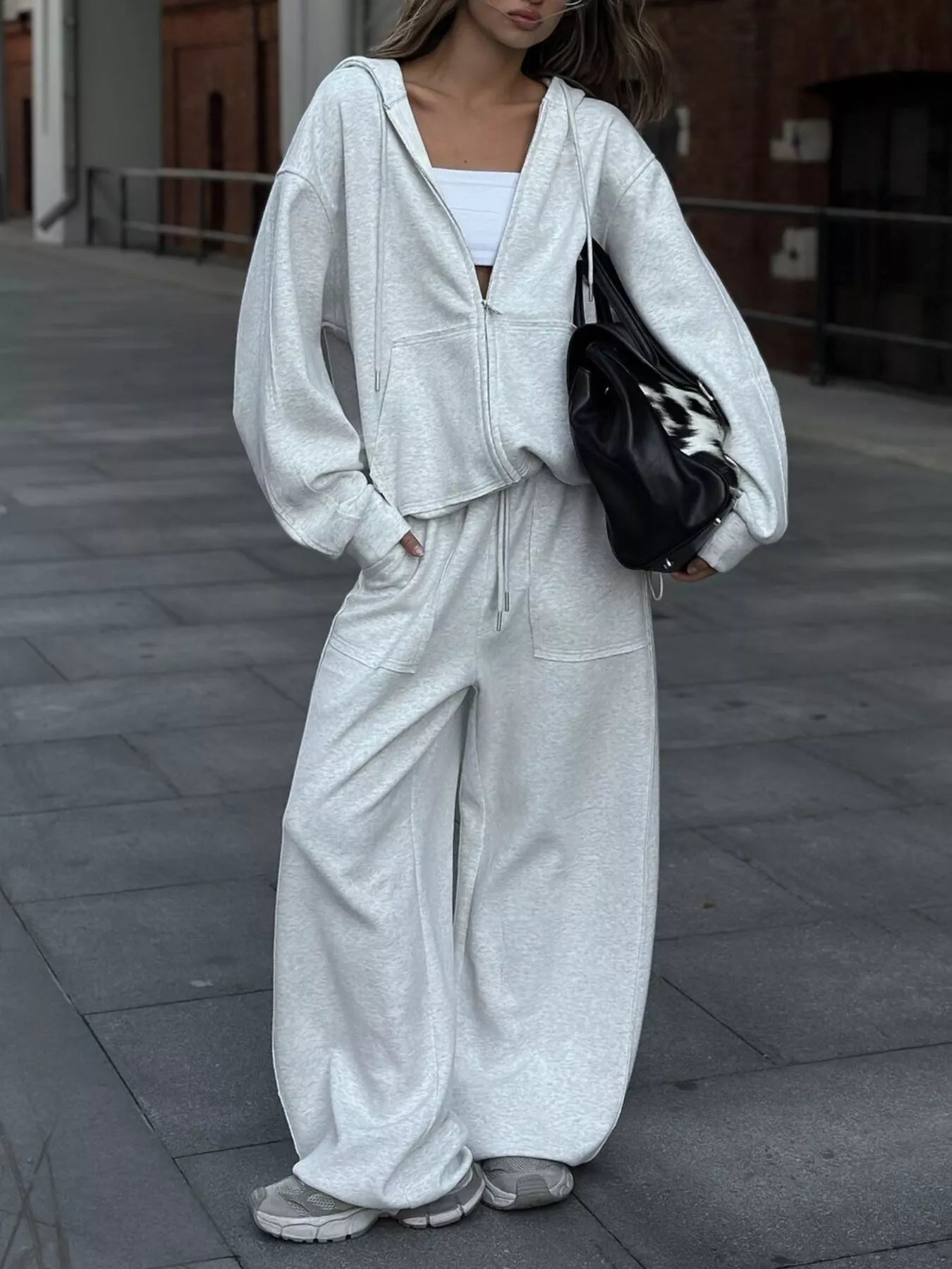 Oversized Zip-Up Hoodie and Wide-Leg Pants Set