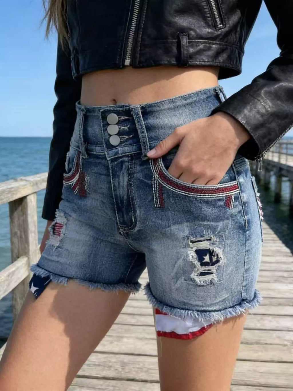 American Flag Distressed Denim Shorts