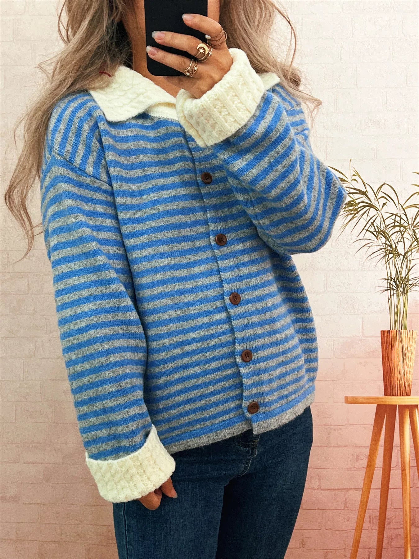 Striped Knit Button Down Cardigan with Collar