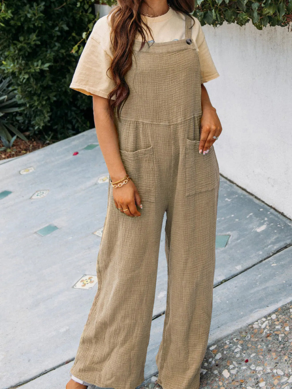 Full Size Casual Wide Leg Textured Overalls Plus Size