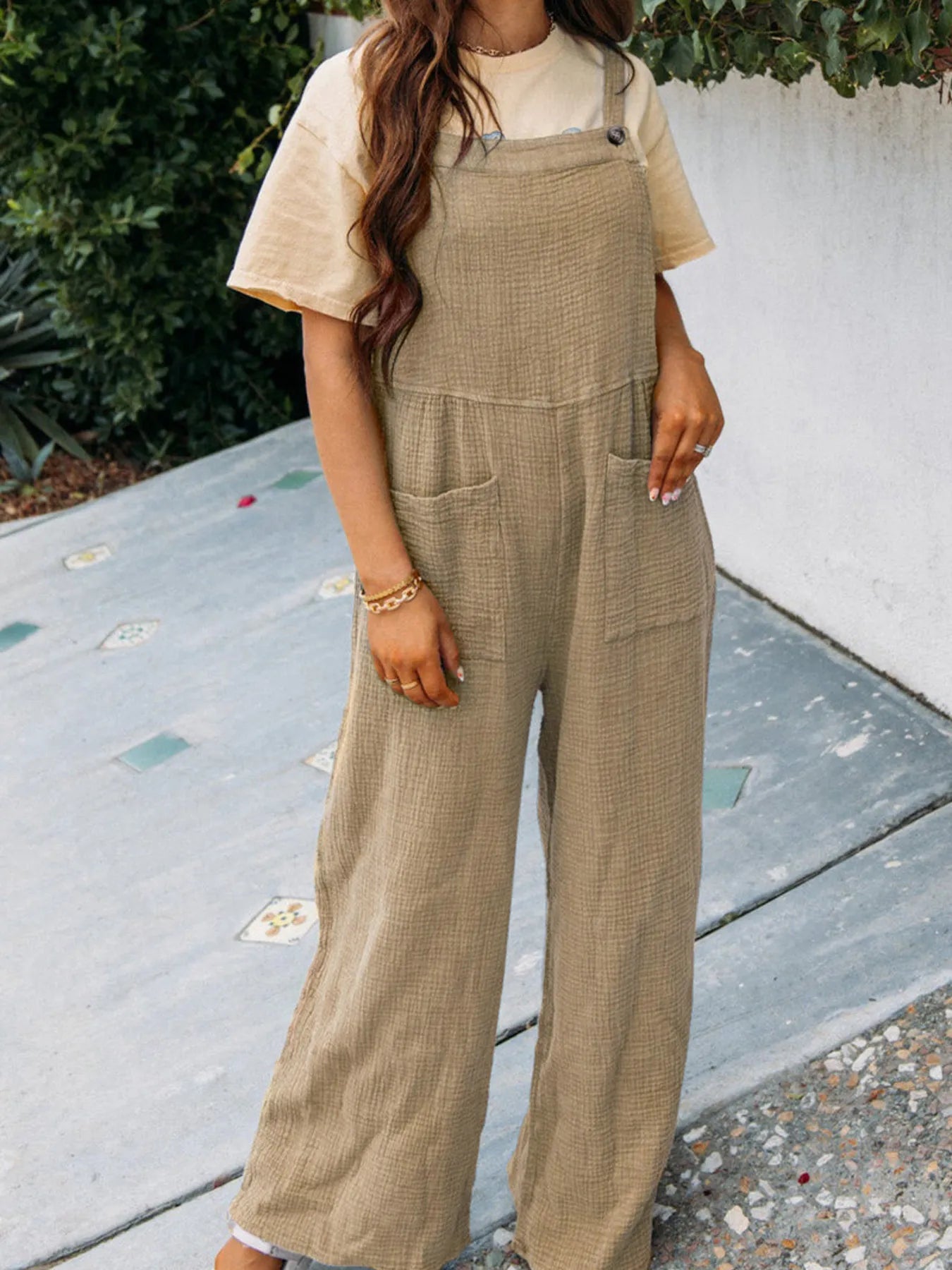 Full Size Casual Wide Leg Textured Overalls Plus Size