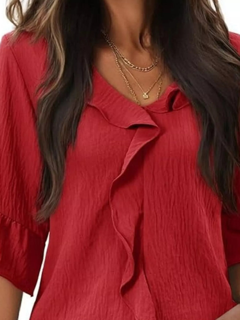 Ruffled V-Neck Bell Sleeve Blouse