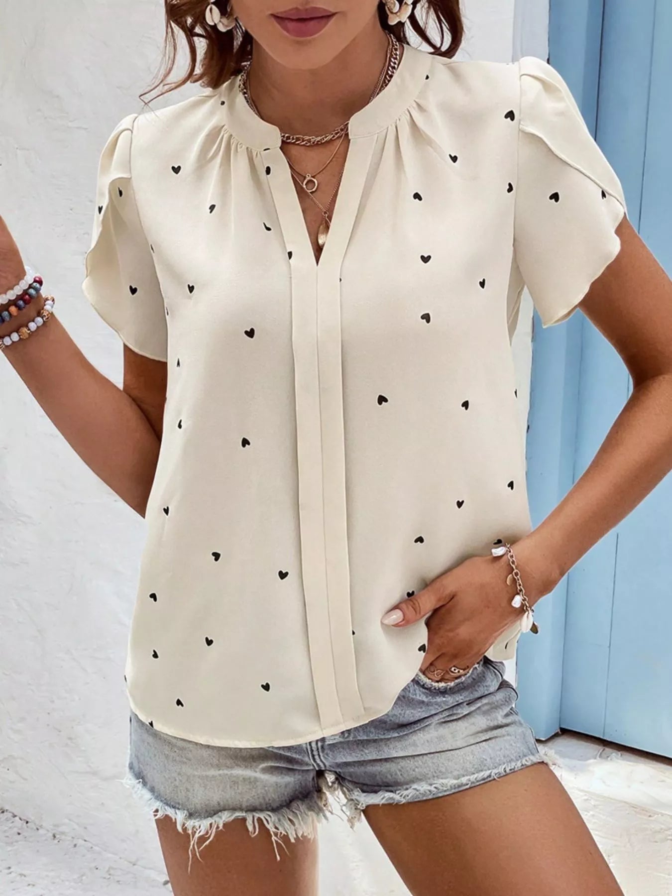 Heart Print Petal Sleeve Blouse