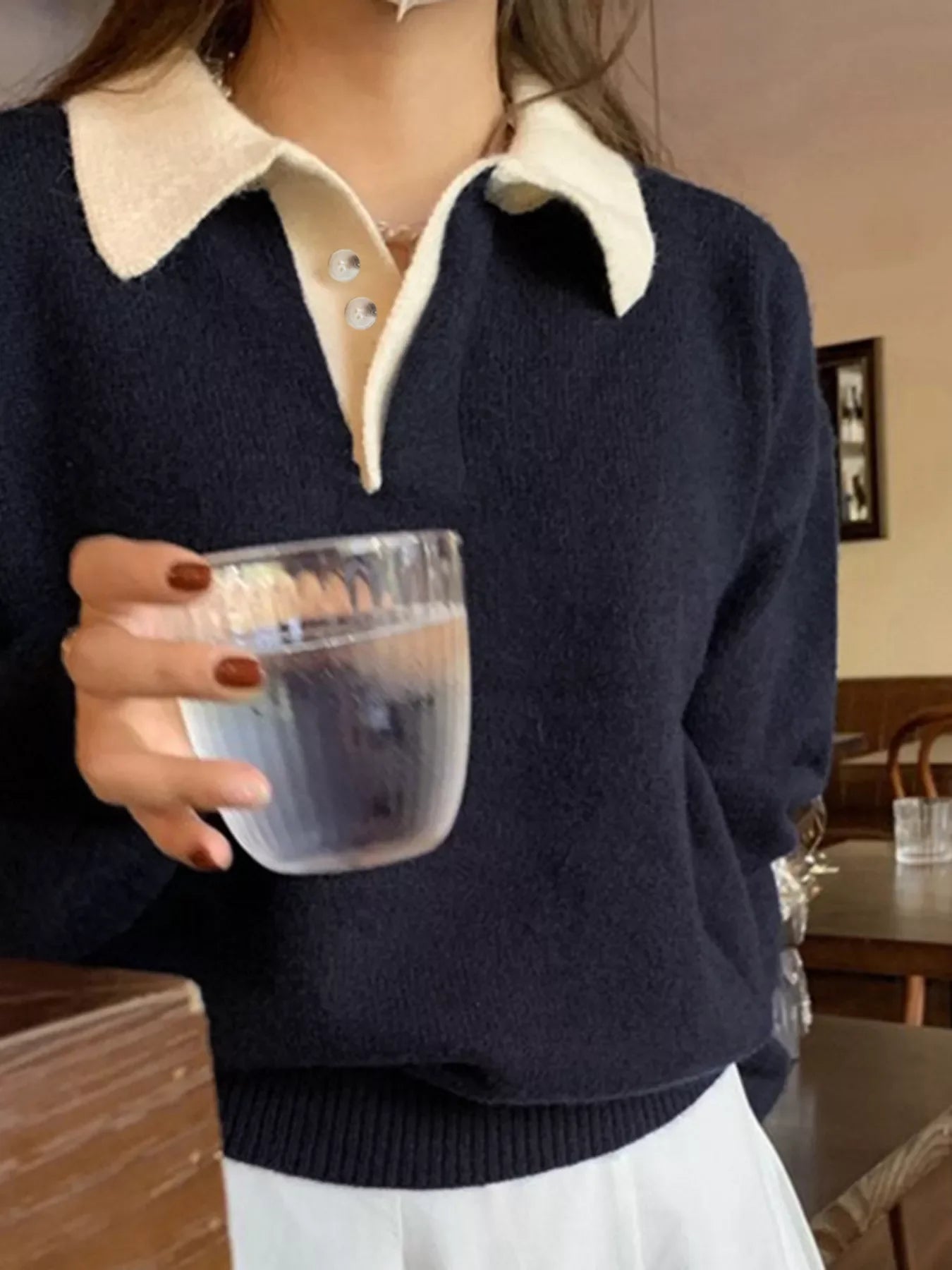 Polo Collar Dropped Shoulder Sweater