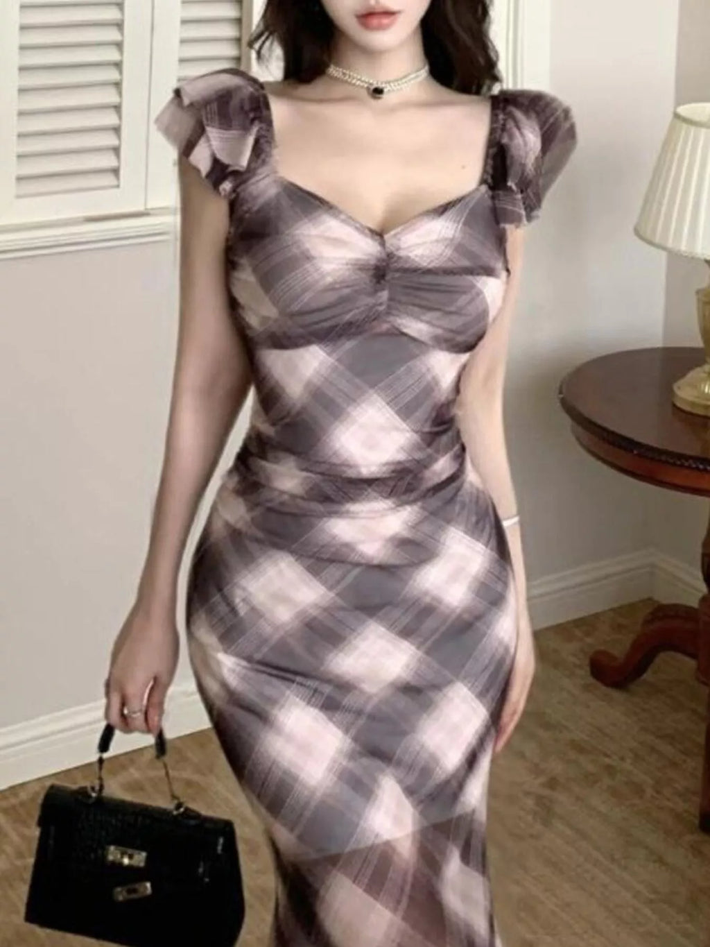 Plaid Ruffle Cap Sleeve Bodycon Maxi Dress