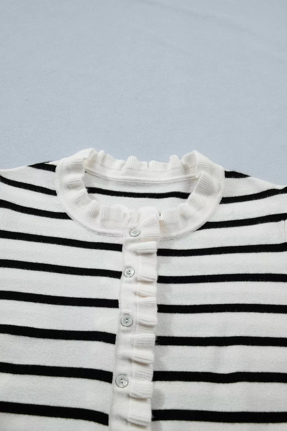 Stripe Ruffle Trim Button Down Knit Short Sleeve Sweater Cardigan
