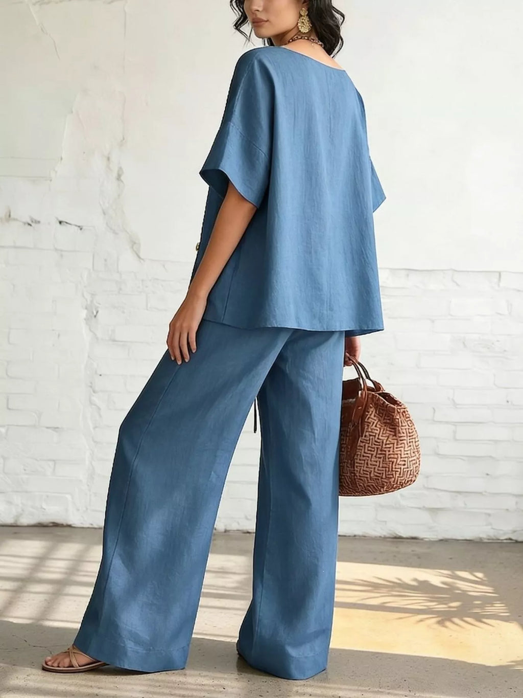 Full Size Surplice Half Sleeve Top and Wide-Leg Pants Set Plus Size