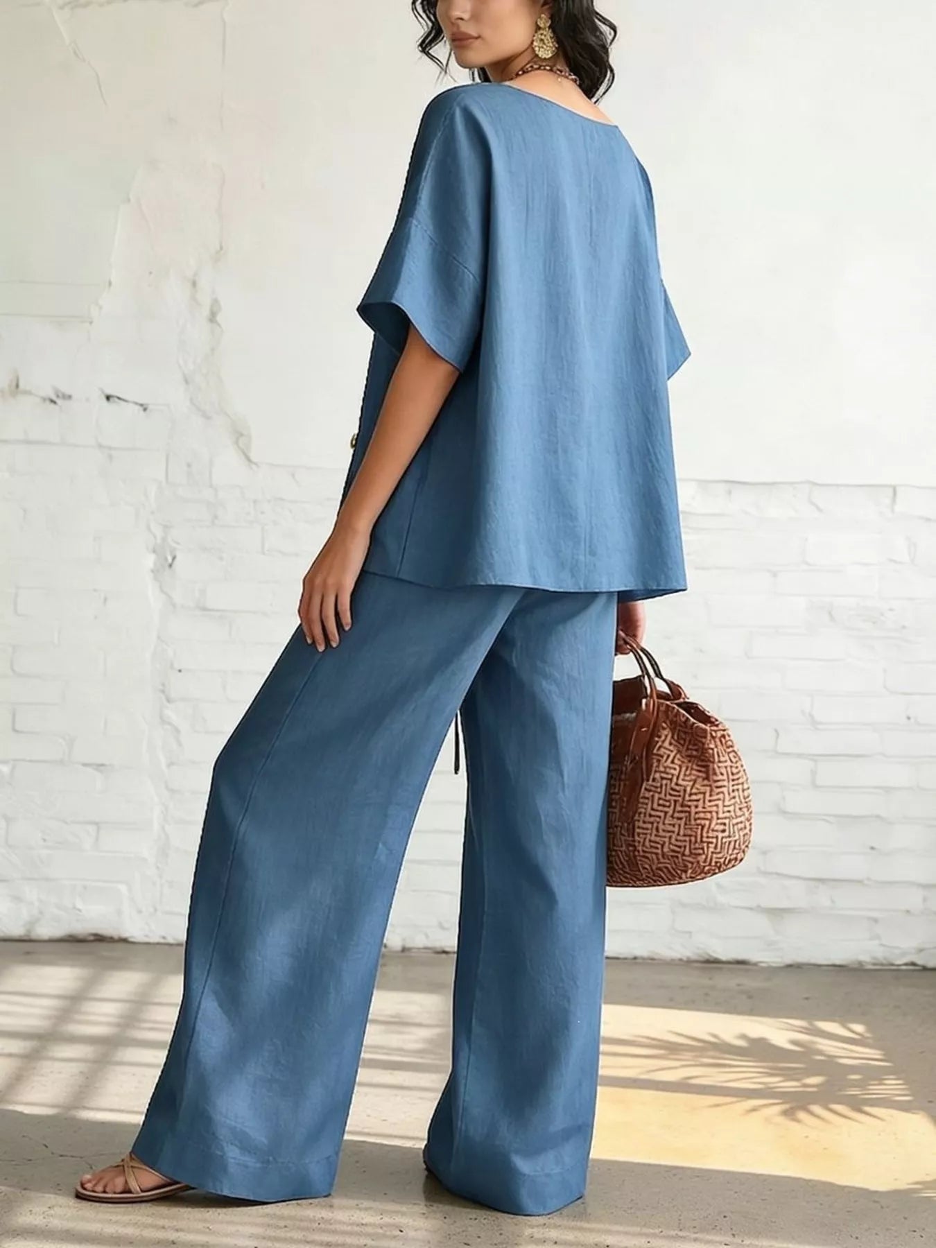 Full Size Surplice Half Sleeve Top and Wide-Leg Pants Set Plus Size