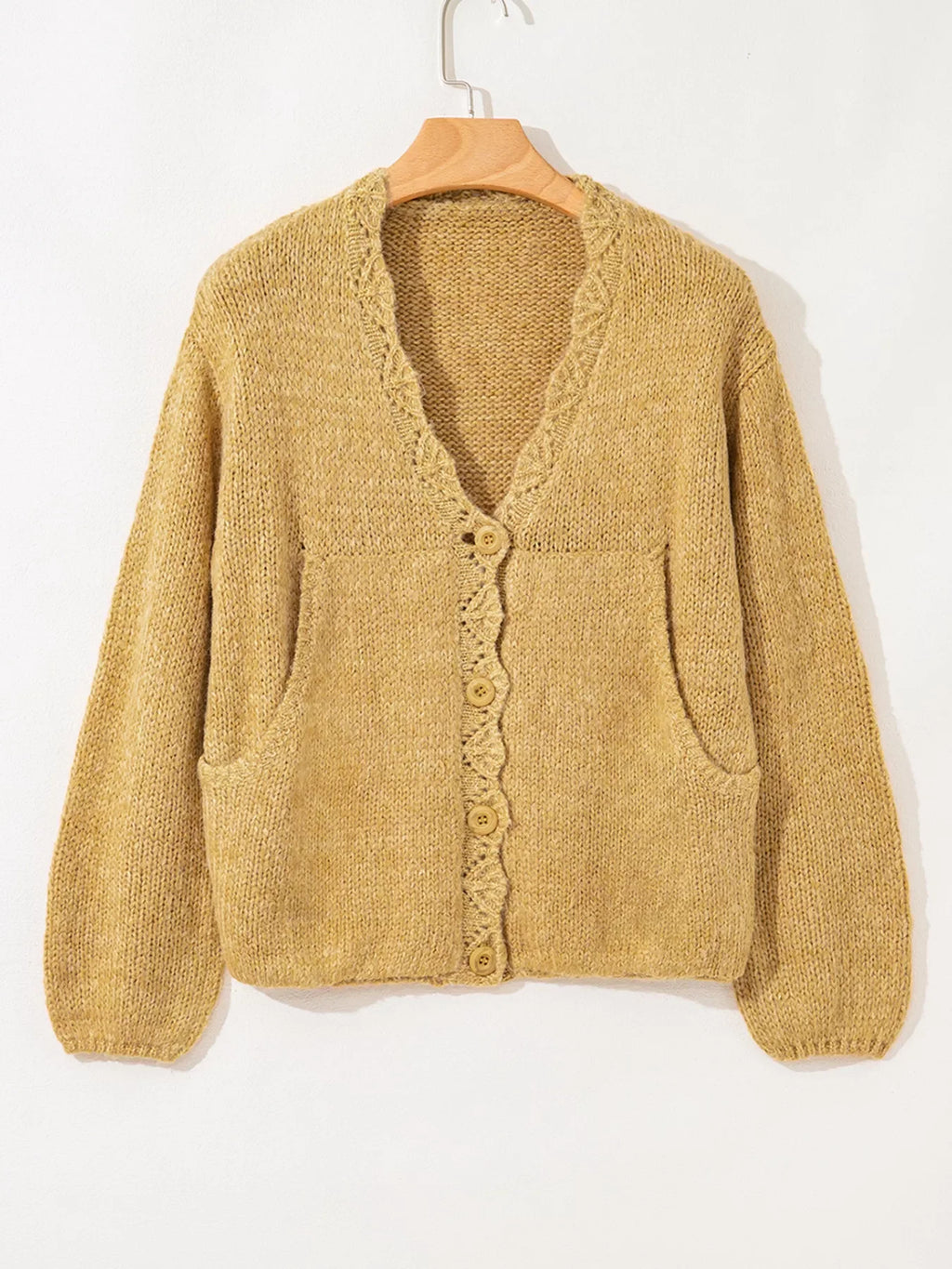 Lantern Sleeve Scallop V Neck Buttoned Front Cardigan