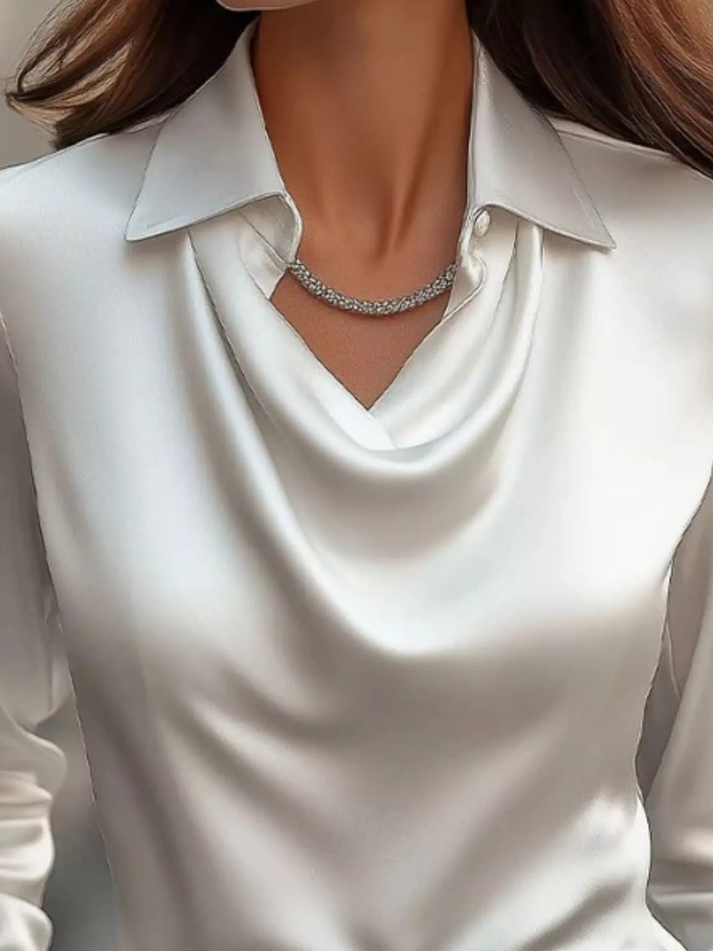 Ruched Long Sleeve Drape Collar Blouse