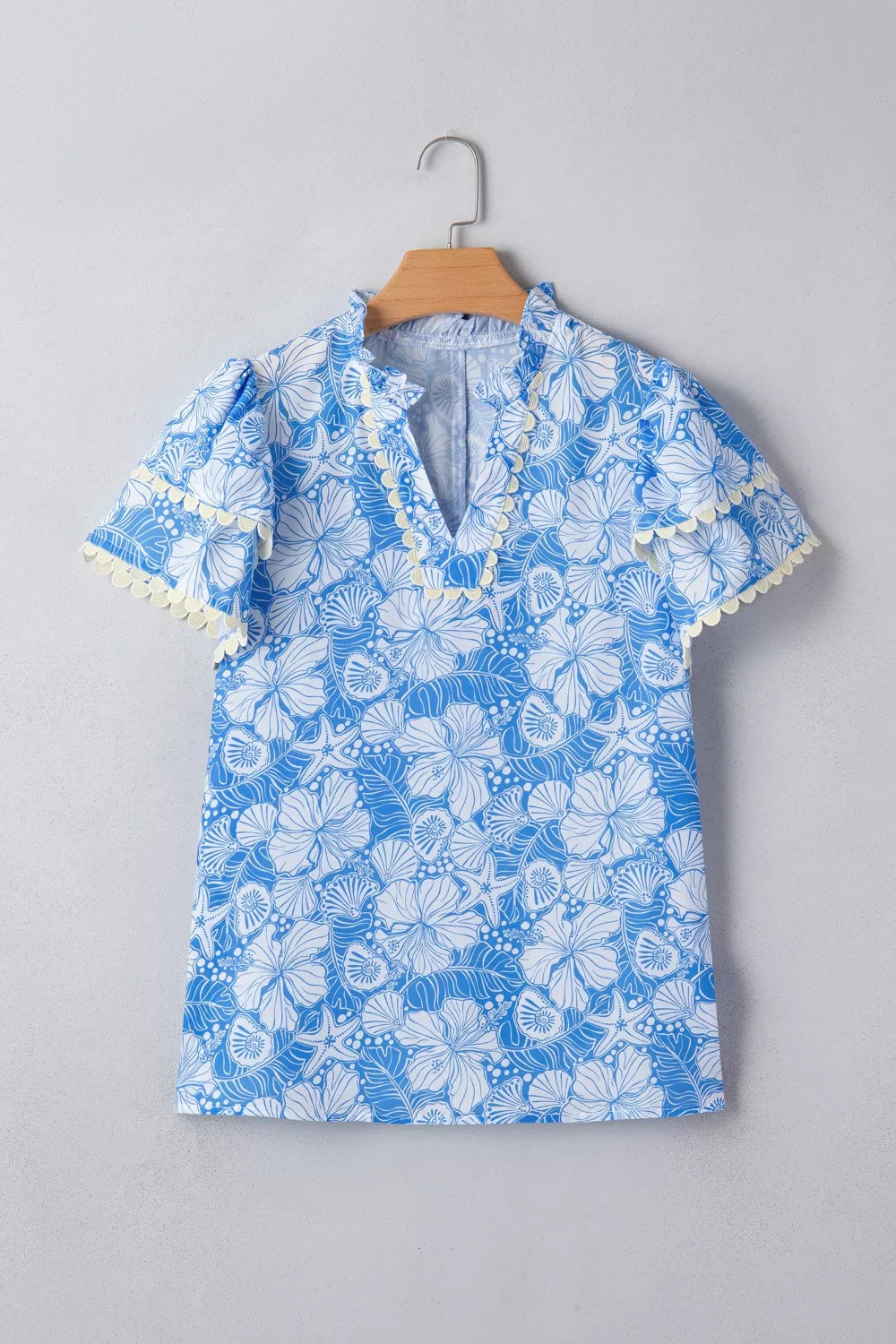 Floral Print Scalloped Trim V Neck Short Sleeve Blouse