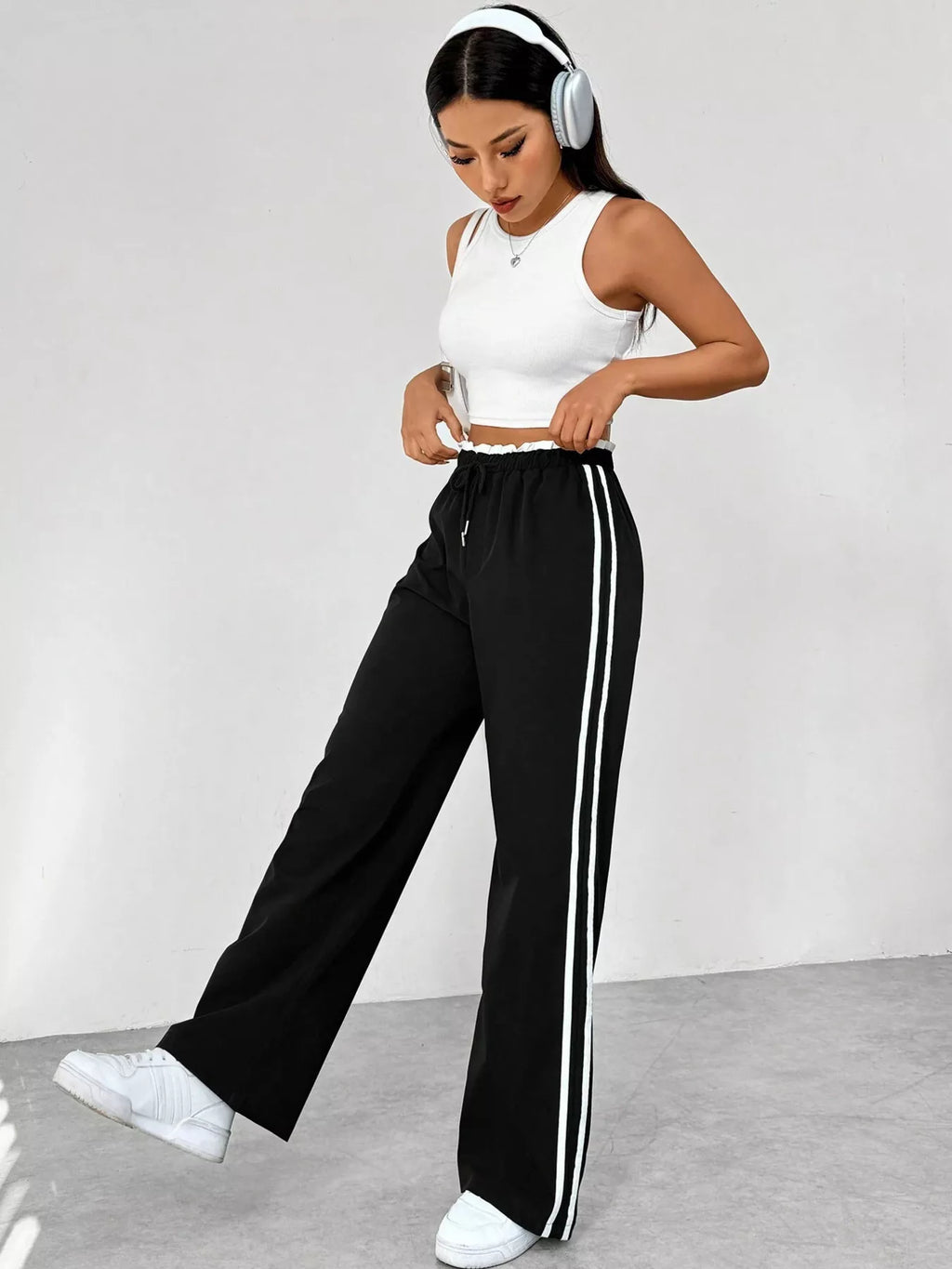 Striped Drawstring Waist Wide Leg Pants