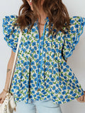 Floral Print Ruffle Sleeve Tie Neck Blouse