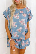 Floral Print Top and Shorts Denim Set