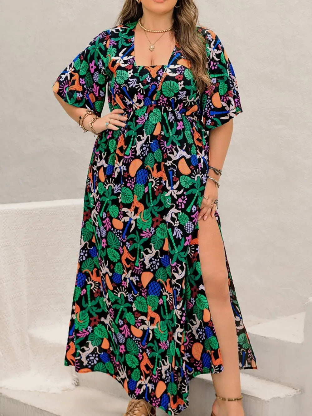 Plus Size Printed Maxi Split Dress