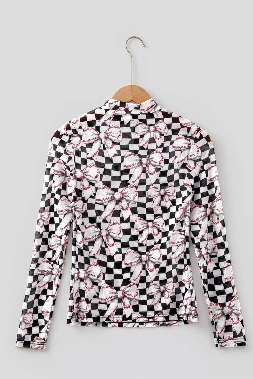 Checkered Baseball Bow Print High Neck Long Sleeve Mesh Top