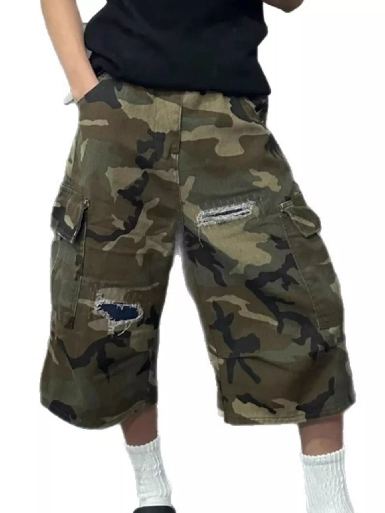Men's Full Size Camouflage Cargo Denim Shorts with Distressed Details Plus Size