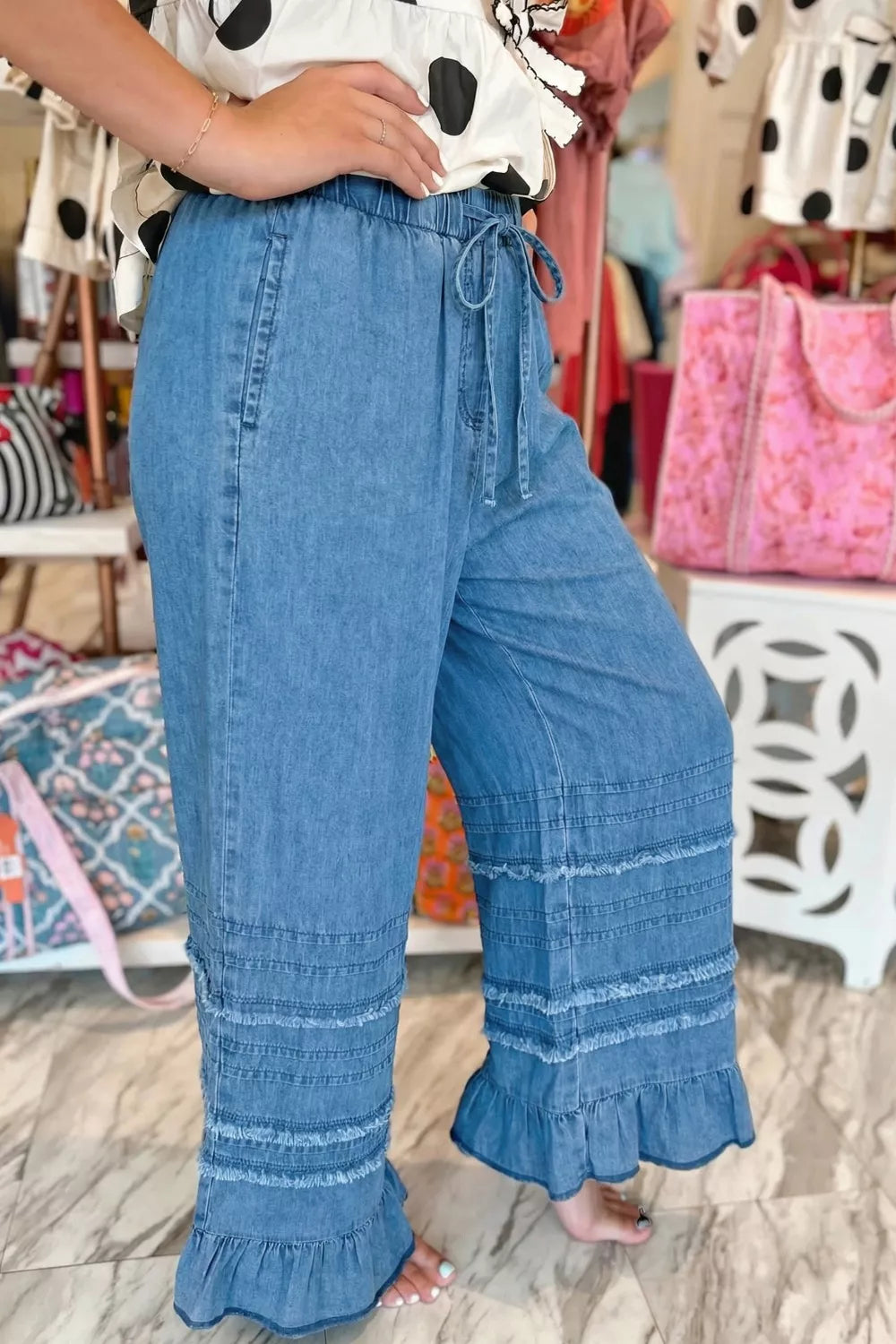 Ruffled Hem Wide Leg Chambray Pants