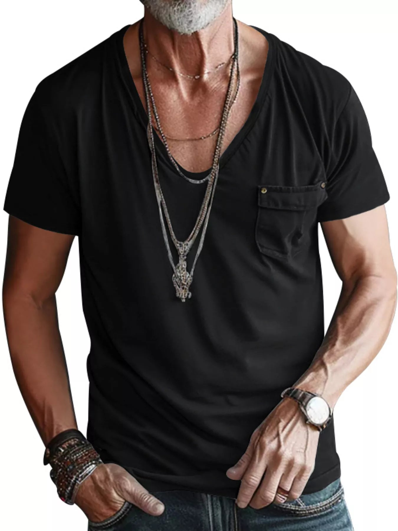 Men's Full Size V-Neck Pocket T-Shirt Plus Size
