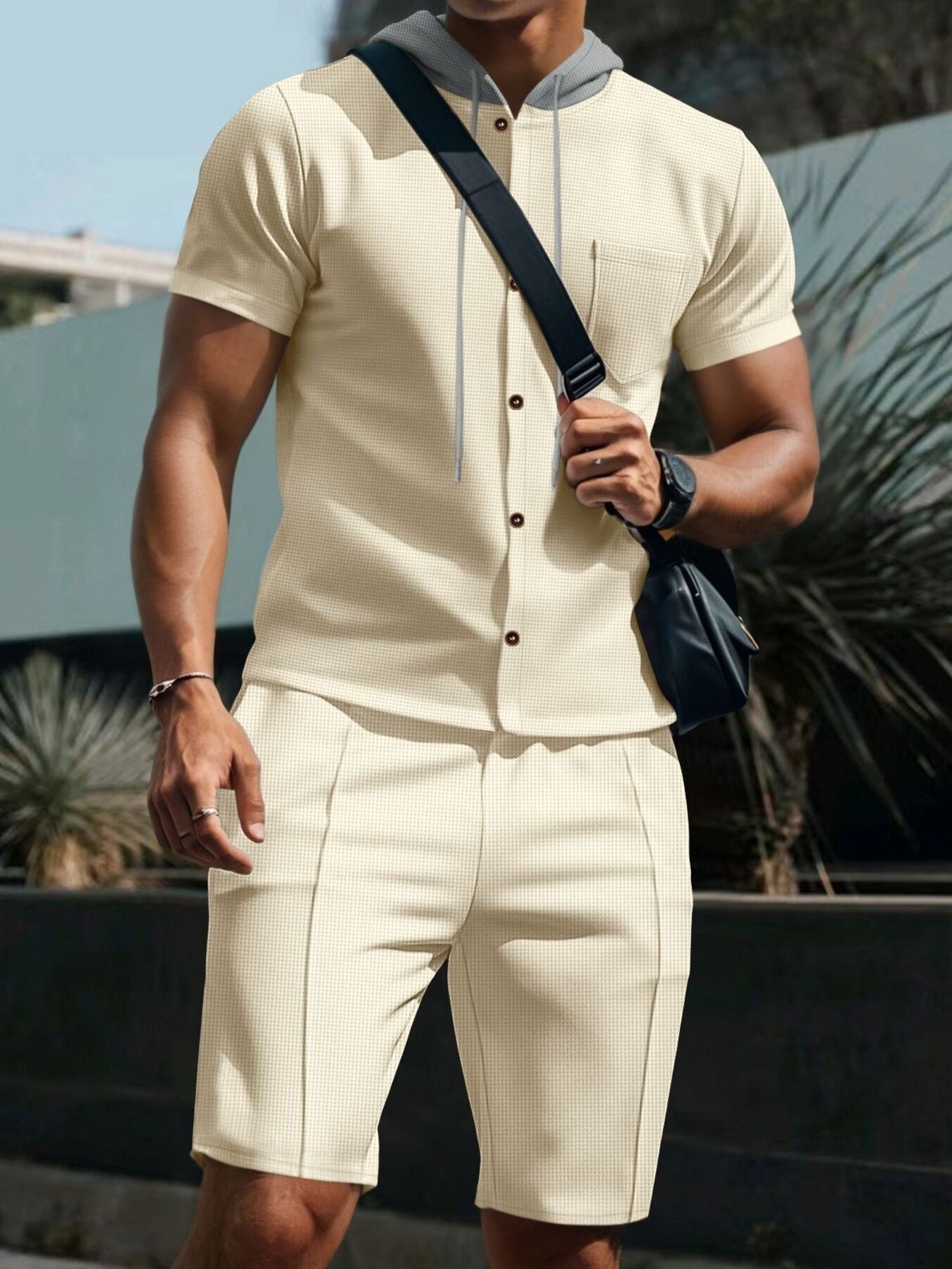 Men's Full Size Casual Hooded Top & Shorts Set Plus Size