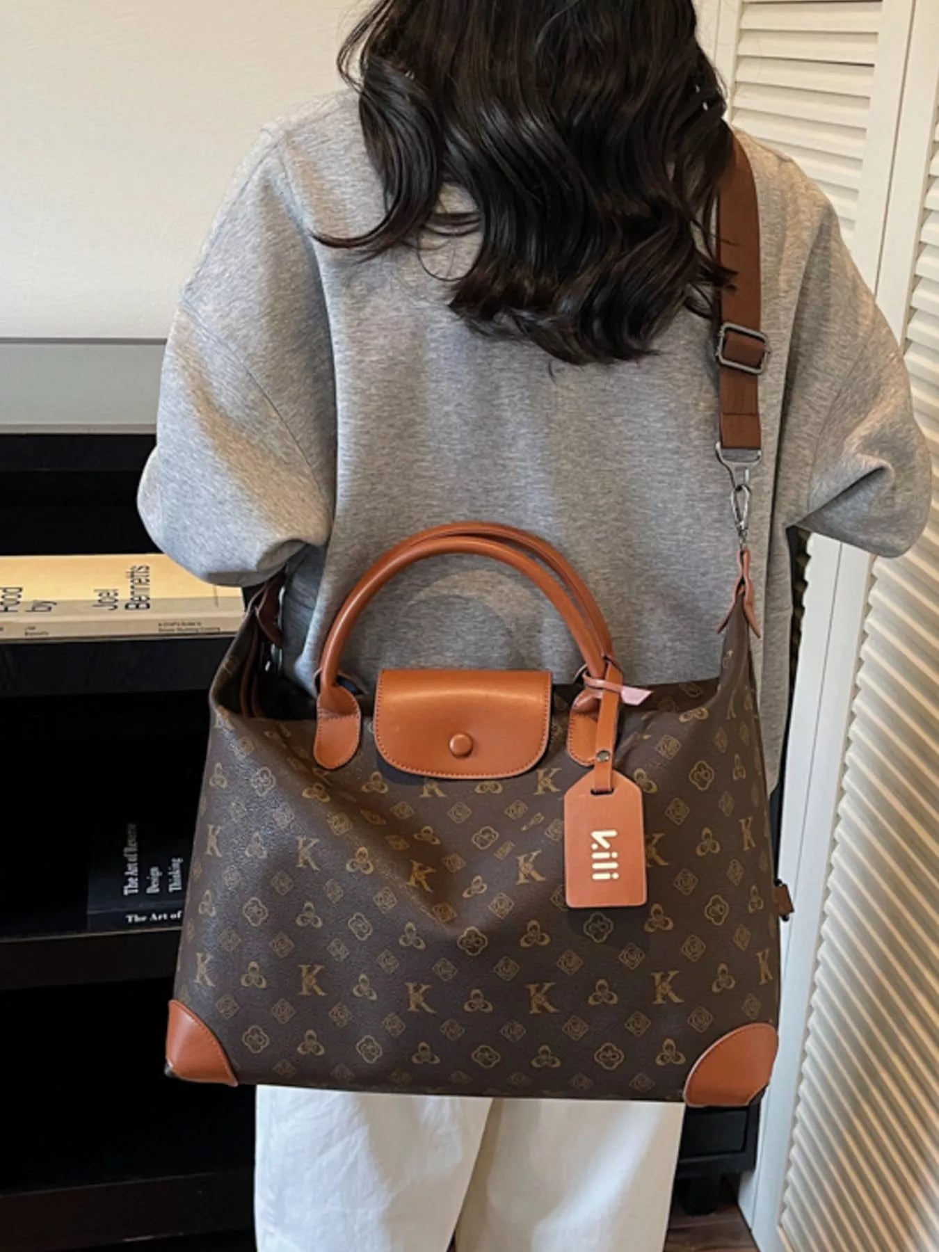 Patterned Leather Trim Crossbody Bag