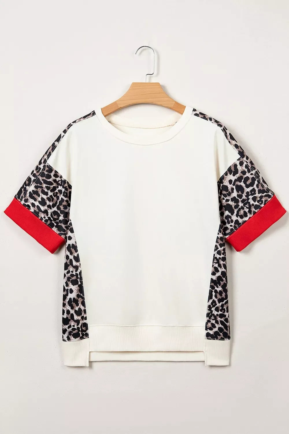 Leopard Block Patchwork Uneven Hem Short Sleeve Top