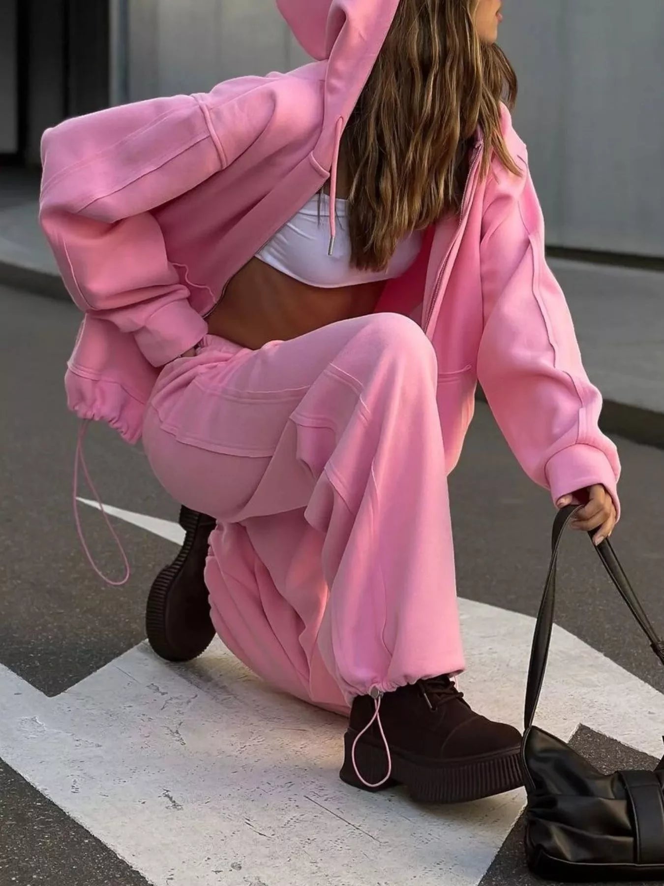 Oversized Zip-Up Hoodie and Wide-Leg Pants Set