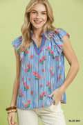 Umgee Striped Floral Ruffle Sleeve Top with Contrast Trim
