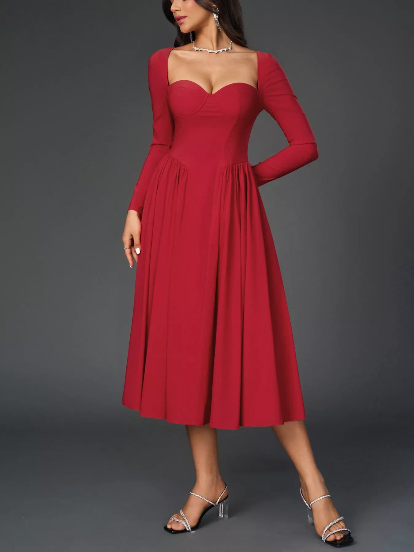 Sweetheart Neckline Long Sleeve A-Line Midi Dress