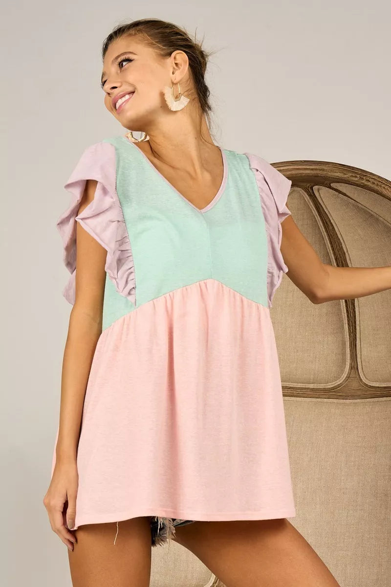 BiBi Triblend Color Block Ruffled Sleeve Babydoll Top