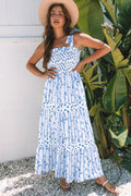 Floral Smocked Tied Straps A-Lined Tiered Dress