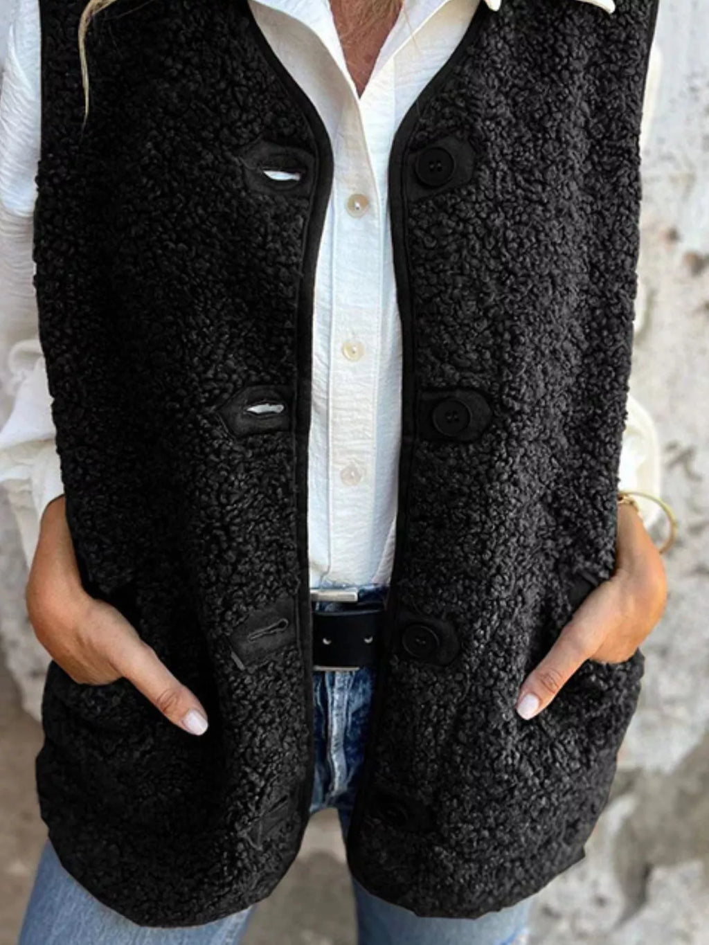 Full Size Cozy Sherpa Fleece Button-Up Vest Coat with Pockets Plus Size