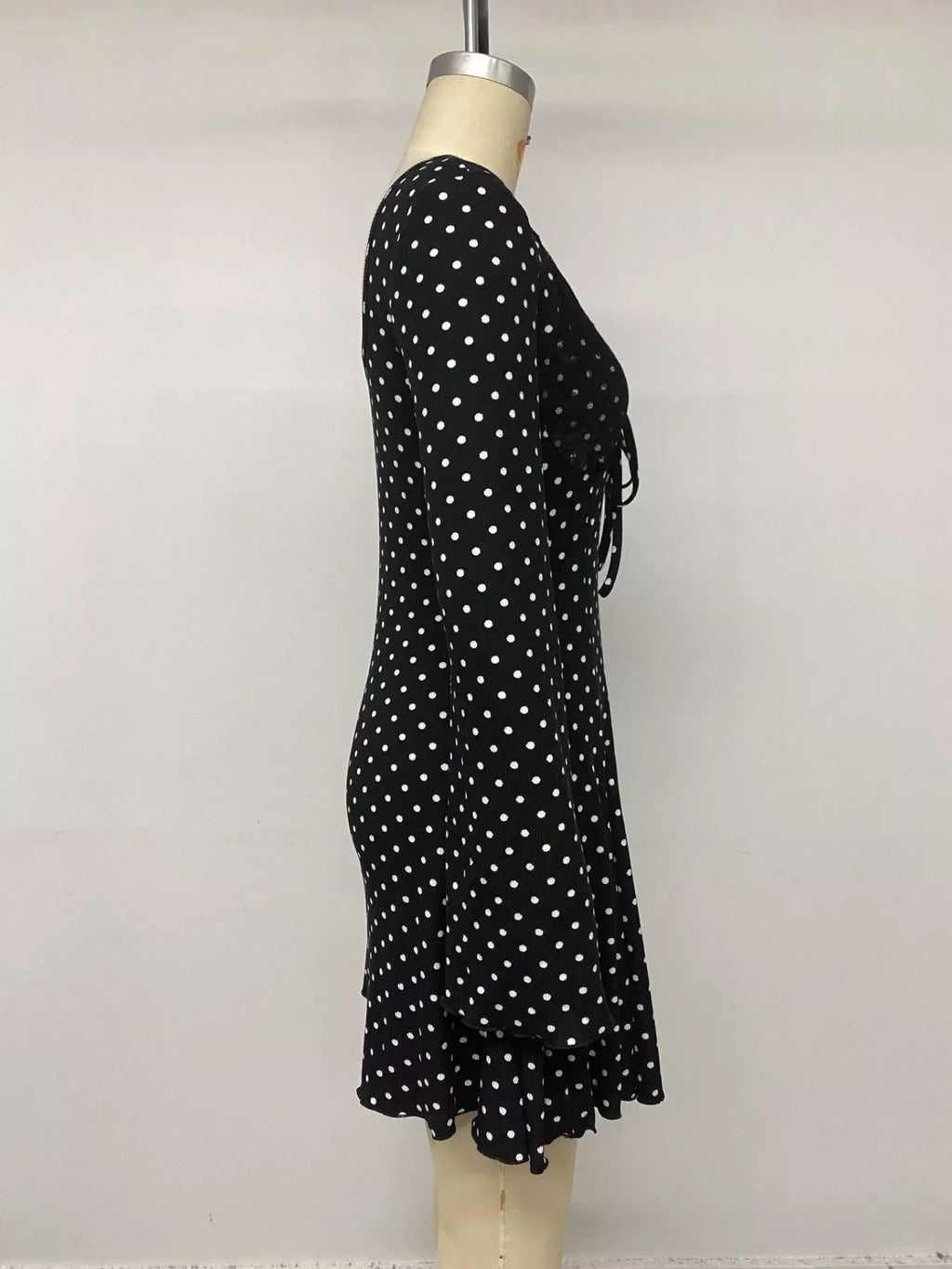 Polka Dot Lace Trimmed V-Neck Mini Dress