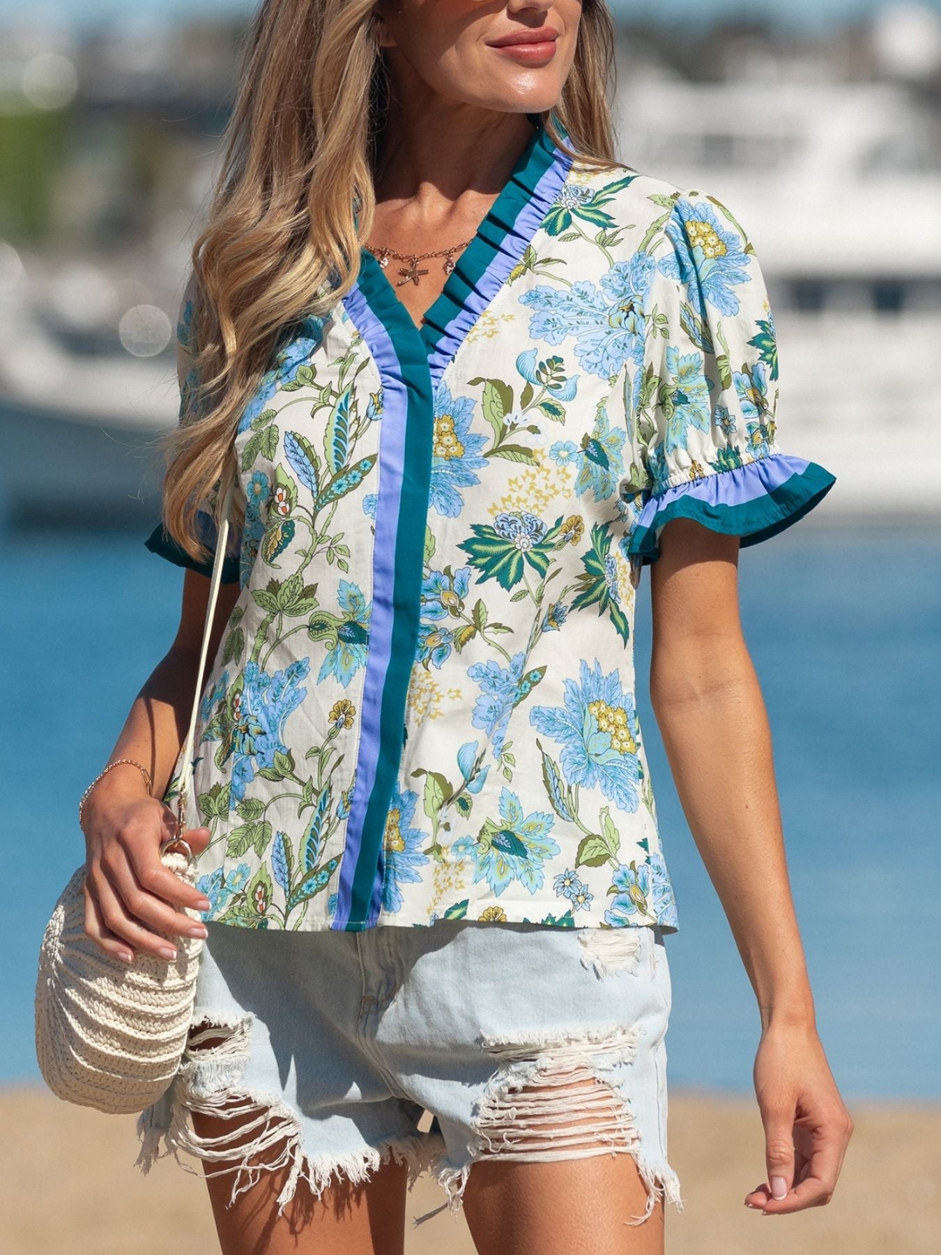 Floral Print Contrasted Frilled Striped Trim Short Sleeve Blouse