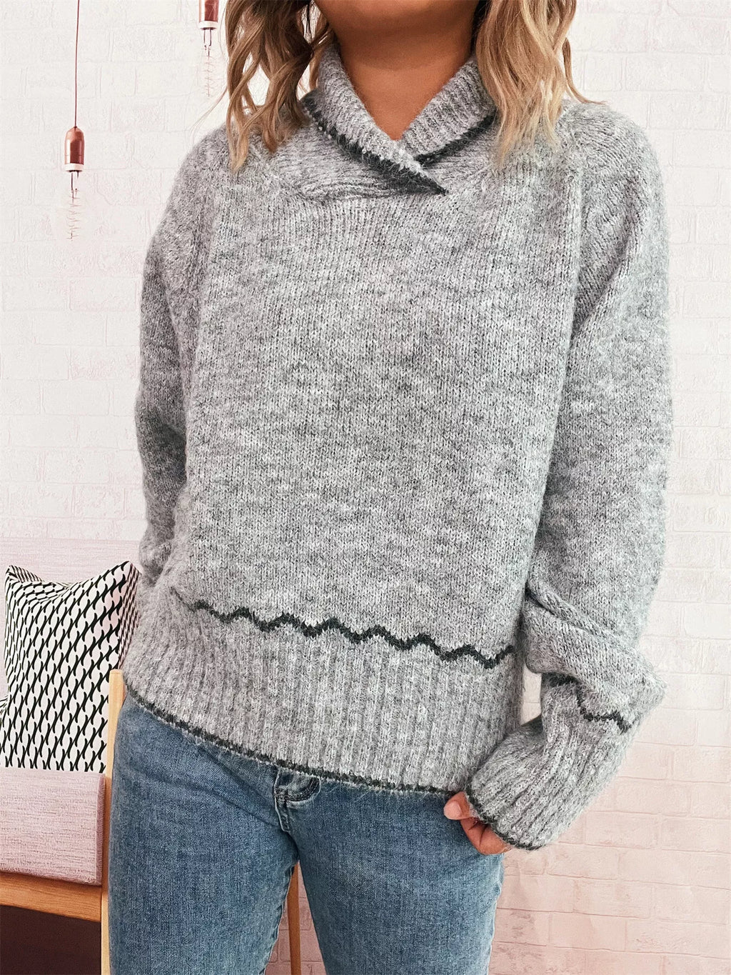Ribbed Contrast Trim Long Sleeve Sweater