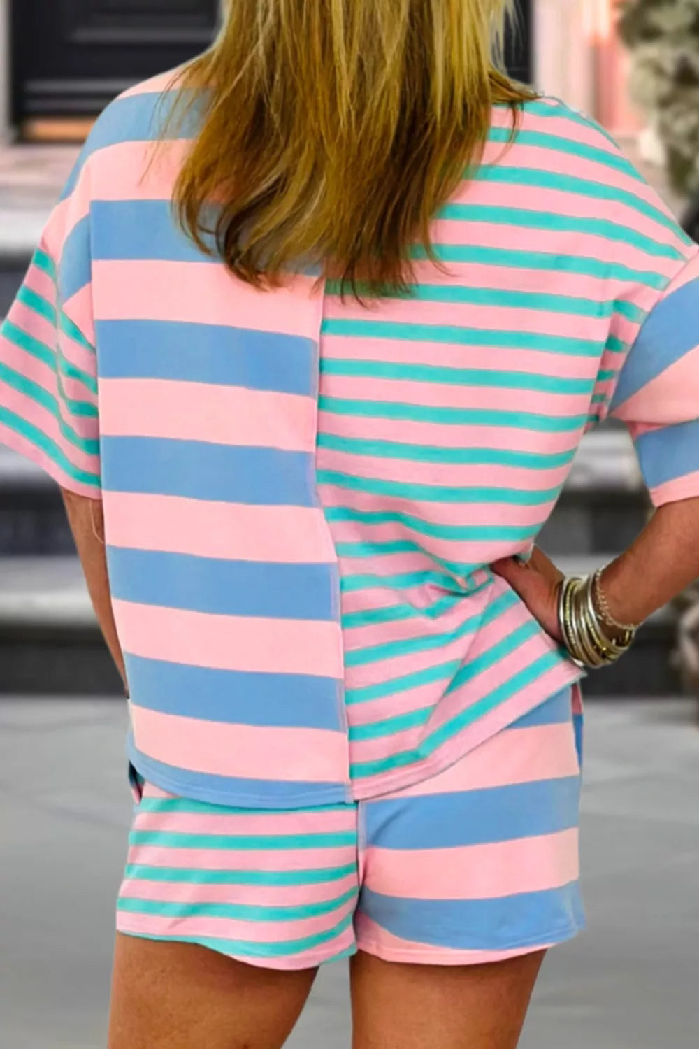Stripe Exposed Seam Mixed Patchwork Loose Short Set