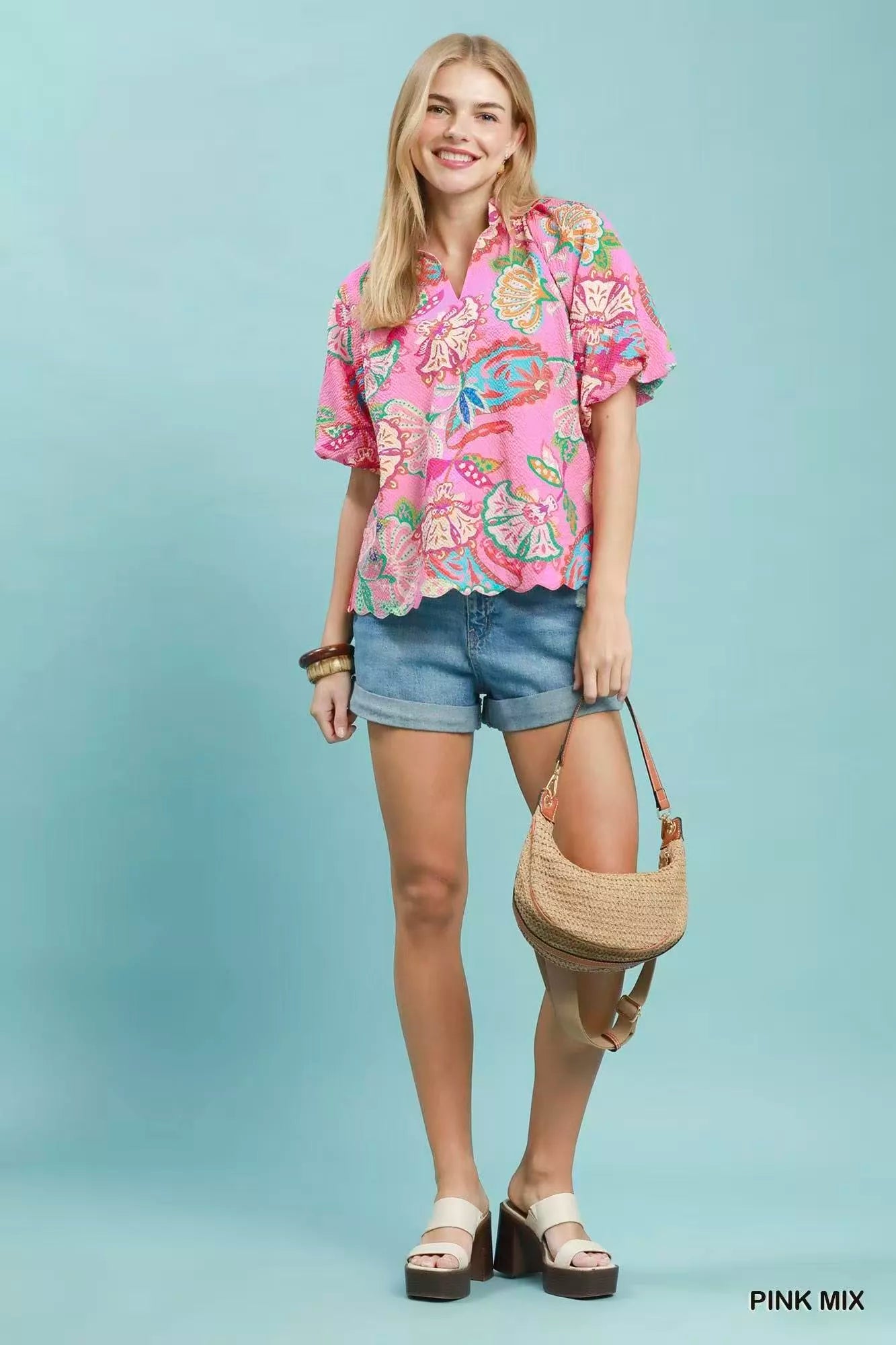 Umgee Mix Floral Print Scallop Hem Blouse
