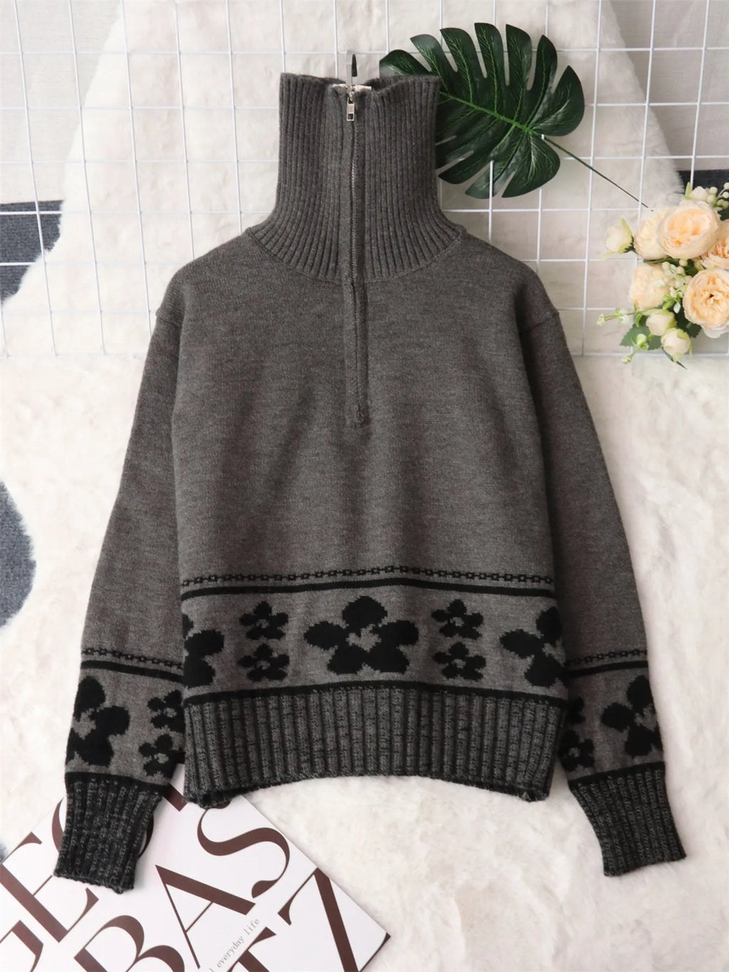 Flower Zip Collar Long Sleeve Sweater