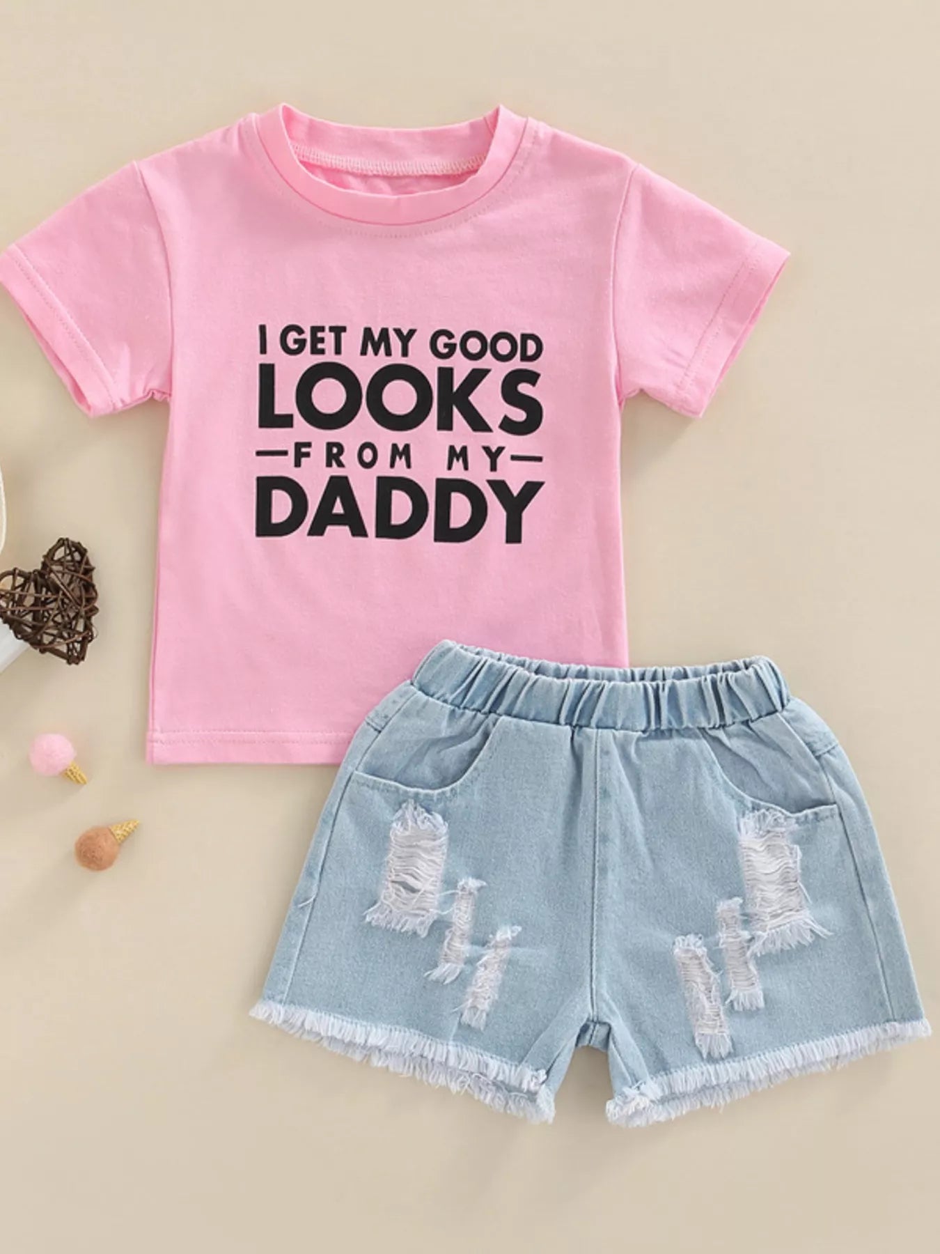 Children's Letter Tee & Ripped Denim Shorts Set