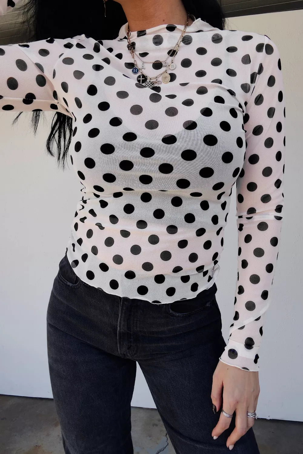 Polka Dot Mesh Long Sleeve Stand Neck Sheath Top
