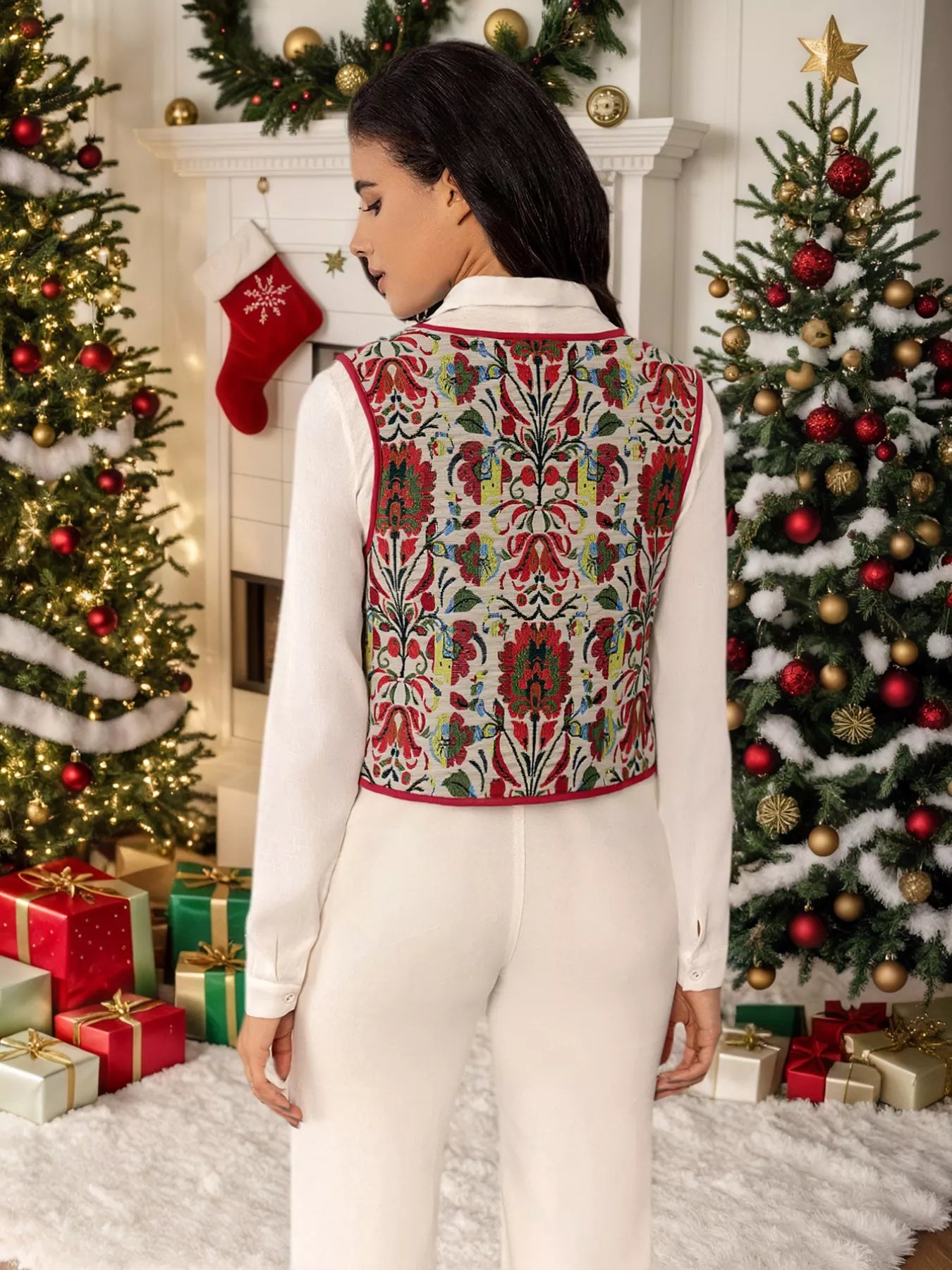 Floral Embroidered Tie-Front Vest Coat