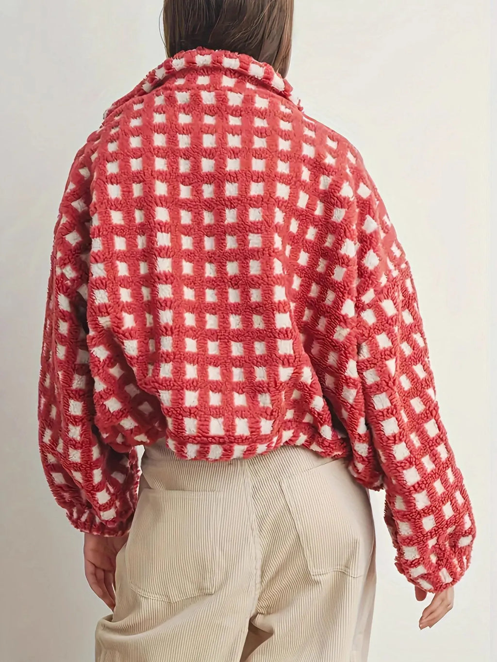 Fleece Checkered Puff Sleeve Bomber Jacket