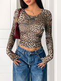 Leopard Print Long Sleeve Fitted T-Shirt