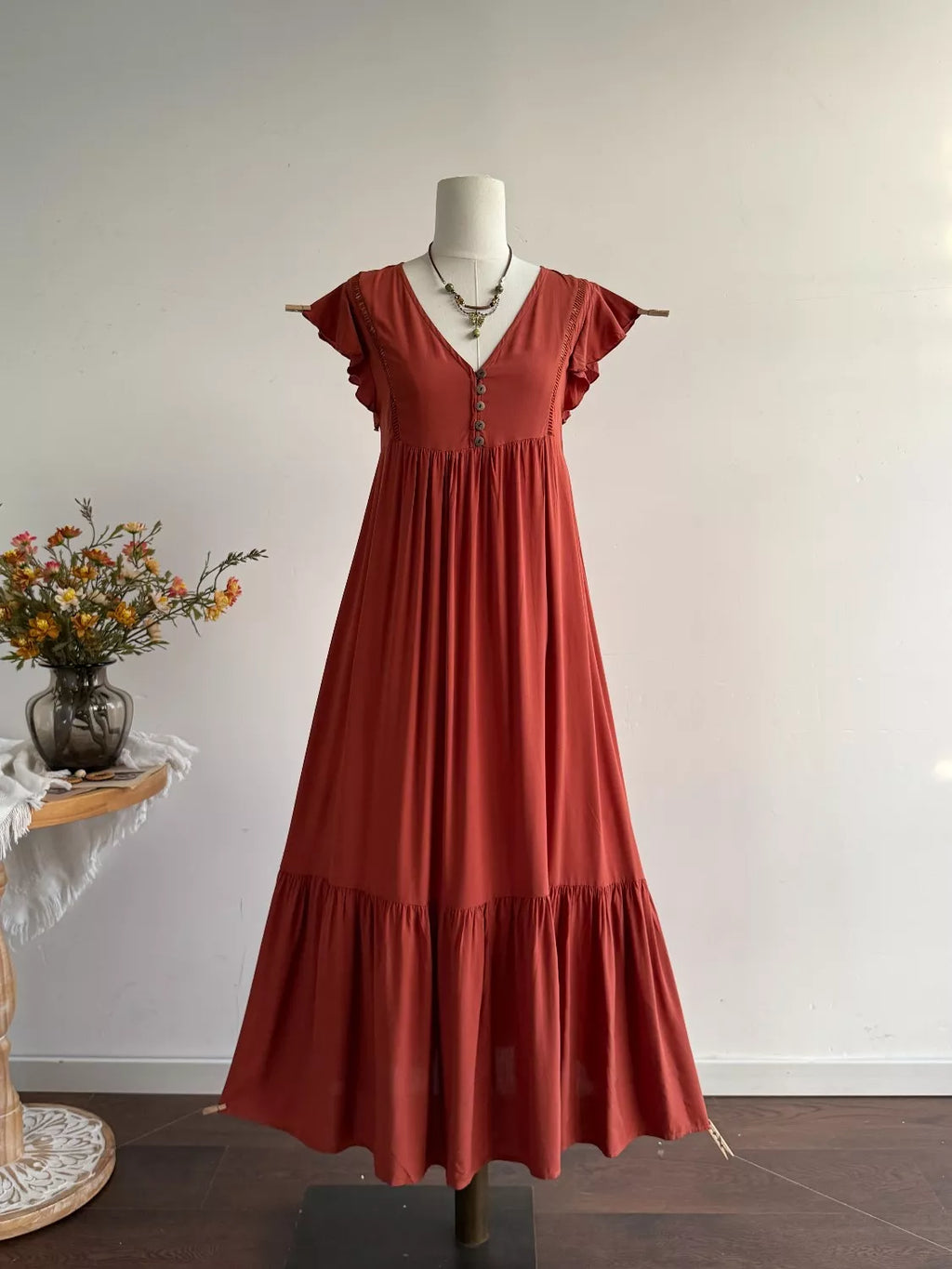 Ruffle Sleeve Maxi Dress with Button Detail